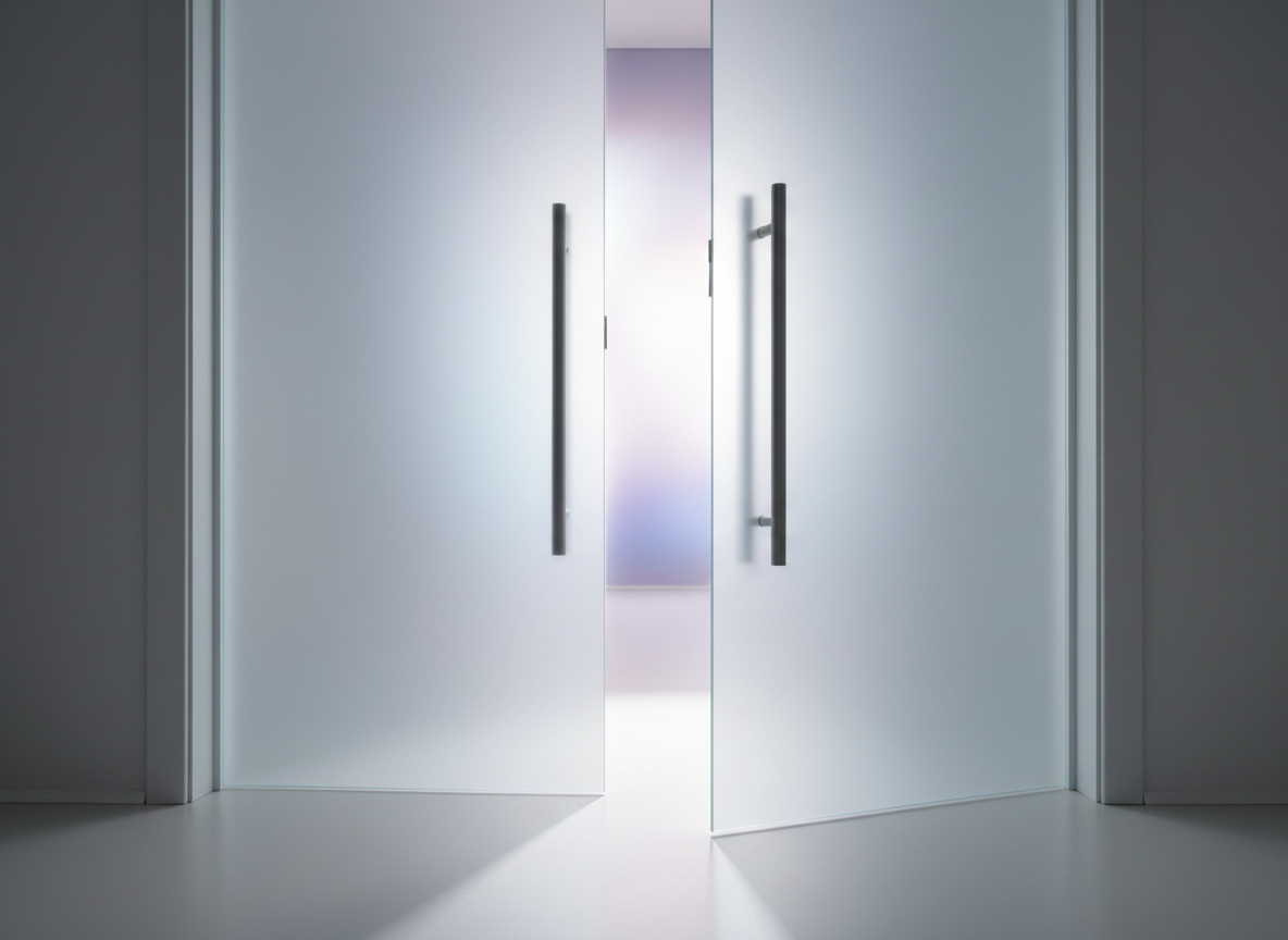 A modern, frosted glass door slightly ajar, revealing a luminous, softly blurred room awash with calming shades of pale blue, lavender, and white beyond. The door itself has a sleek, matte silver handle and minimalist design, with subtle reflections catching on its edges. Light pours in from the other side, creating a radiant threshold effect and casting long, gentle shadows in the foreground. Shot at a low-angle perspective with a centered composition, the image radiates an atmosphere of possibility, new beginnings, and invitation. Its clean, contemporary style visually embodies transformational change and stepping forward.