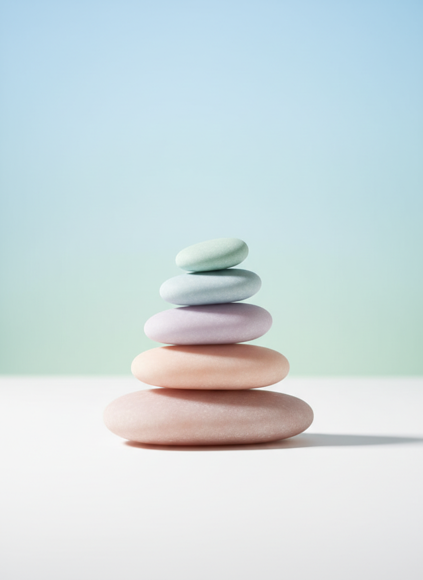 A stack of smooth river stones, carefully balanced atop each other, each stone in a different pastel shade and with a soft, matte texture. The stones are arranged on a seamless white surface, set against a gentle gradation of pale sky blue to mint green in the background, evoking a sense of progression and stability. Soft natural daylight from above casts gentle, diffuse shadows around each stone, highlighting their form while creating a tranquil and hopeful atmosphere. The camera angle is slightly elevated, using asymmetrical balance, and the artistic style is minimalist and polished, reinforcing the principles of growth and equilibrium in transformational coaching.
