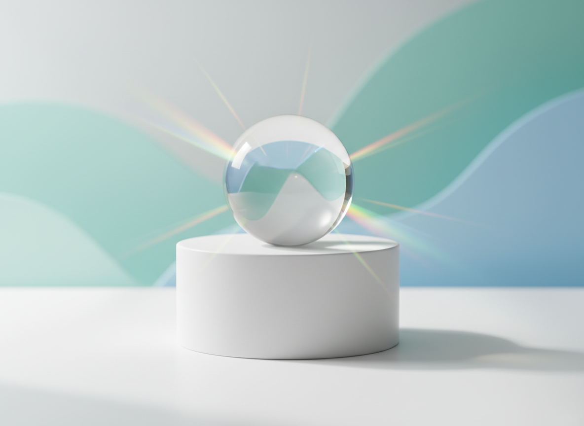 An elegant, clear glass sphere resting gently on a matte white pedestal, symbolizing clarity and transformation. The sphere’s flawless surface refracts shimmering beams of light, creating a subtle spectrum across the pristine background. Surrounding the pedestal is a minimalist environment, with softly blurred, abstract shapes in gentle blues and greens evoking personal growth and new beginnings. Illuminated by diffused morning light from the left, the image has delicate highlights and faint, calming shadows, creating a serene and uplifting mood. Photographed at eye level with centered composition, the style is clean, modern, and timeless—perfectly reflecting a coaching business focused on clarity and evolution.