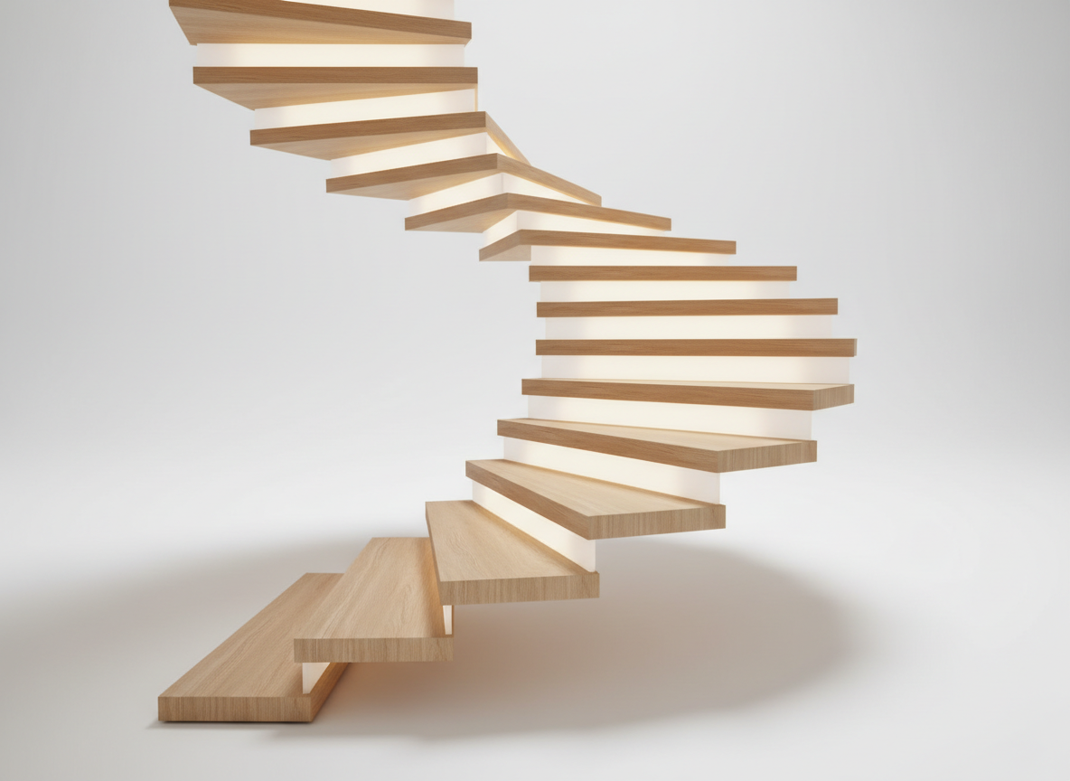 An abstract geometric staircase made of polished light oak and frosted glass, spiraling upward against a seamless, soft-white background. Each step is illuminated with a soft gradient of daylight from underneath, creating luminous highlights and smooth, elongated shadows. The staircase gently twists toward the upper right corner, implying elevation and progress. The composition is dynamic yet uncluttered, using asymmetrical balance and a slight upward tilt in the camera angle. The overall style is modern, refined, and optimistic—perfect for illustrating the journey of personal development and reaching new heights in coaching.