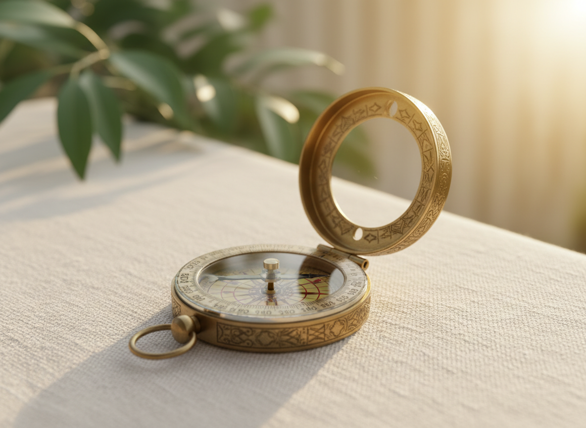 A vintage brass compass with intricate, engraved details and a gleaming glass face, resting open on a textured, cream-colored linen cloth. The gentle golden glow of late afternoon sunlight streams from the right, picking out the subtle patina and highlighting the needle’s poised direction. In the softly out-of-focus background, abstract hints of soft green foliage provide a touch of nature and new discovery. Composed with rule-of-thirds framing and shallow depth of field, the image feels warm, aspirational, and purposeful. The refined, classic style visually communicates navigating transitions and finding direction, ideal for life coaching themes.